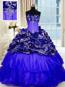 Custom Design Royal Blue Ball Gowns Beading and Ruffled Layers and Sequins Quinceanera Gowns Lace Up Organza and Printed