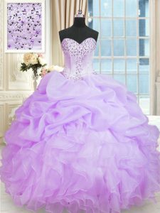 Fantastic Lavender Organza Lace Up Sweetheart Sleeveless Floor Length Quinceanera Dresses Beading and Ruffles