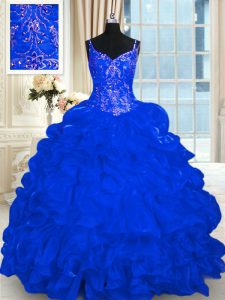 Simple Royal Blue Organza Lace Up Sweet 16 Quinceanera Dress Sleeveless Brush Train Beading and Embroidery and Ruffles a