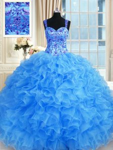 Ideal Sleeveless Organza Floor Length Lace Up 15 Quinceanera Dress in Baby Blue with Beading and Embroidery and Ruffles