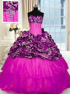 Custom Design Printed Beading and Ruffled Layers and Sequins Quinceanera Gowns Fuchsia Lace Up Sleeveless Sweep Train
