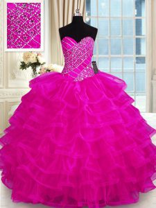 Ruffled Floor Length Ball Gowns Sleeveless Fuchsia Sweet 16 Dress Lace Up