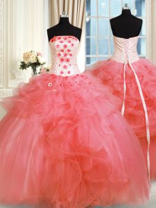 Watermelon Red Sleeveless Floor Length Pick Ups and Hand Made Flower Lace Up Quinceanera Dress