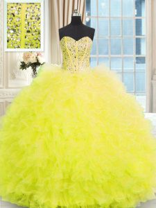Charming Light Yellow Ball Gowns Tulle Strapless Sleeveless Beading and Ruffles Floor Length Lace Up Quince Ball Gowns