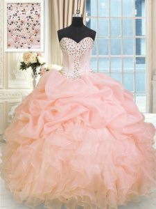 Baby Pink Sleeveless Floor Length Beading and Ruffles Lace Up Quinceanera Dresses