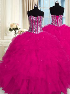 Graceful Beading and Ruffles Quinceanera Dresses Fuchsia Lace Up Sleeveless Floor Length