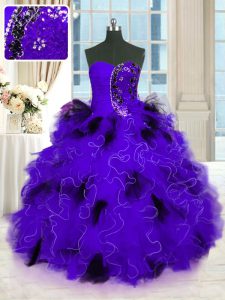 Black And Purple Sleeveless Floor Length Beading and Ruffles Lace Up Quinceanera Gowns