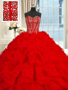 Red Lace Up Sweet 16 Quinceanera Dress Beading and Ruffles Sleeveless With Brush Train