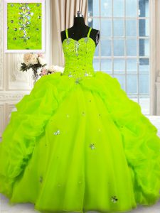 Beading and Pick Ups Quinceanera Gown Yellow Green Lace Up Sleeveless Floor Length