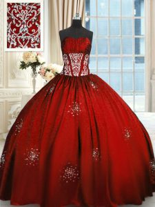 Gorgeous Beading and Appliques and Ruching Quince Ball Gowns Wine Red Lace Up Sleeveless Floor Length