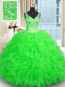 Organza V-neck Sleeveless Zipper Beading and Ruffles 15th Birthday Dress in Green
