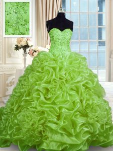 Sleeveless With Train Beading and Pick Ups Lace Up Ball Gown Prom Dress with Sweep Train