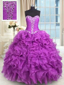 Purple Quinceanera Dresses Military Ball and Sweet 16 and Quinceanera and For with Beading and Ruffles Sweetheart Sleeve