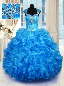 Cheap Baby Blue Ball Gowns Beading and Ruffles Sweet 16 Dress Lace Up Organza Cap Sleeves Floor Length