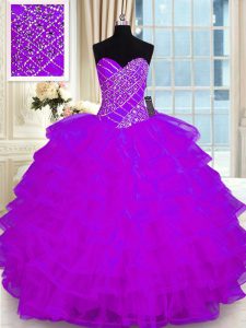 Dazzling Purple Ball Gowns Organza Sweetheart Sleeveless Beading and Ruffled Layers Floor Length Lace Up Sweet 16 Quince