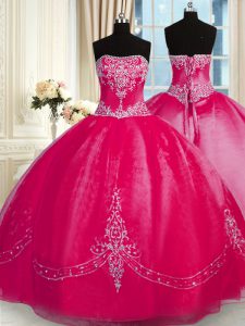 Classical Coral Red Lace Up Strapless Beading and Embroidery Quinceanera Dresses Organza Sleeveless