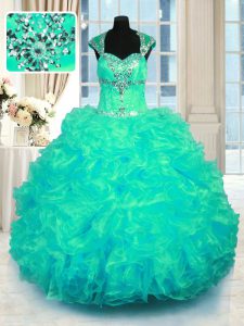 Straps Cap Sleeves Lace Up Quinceanera Dresses Turquoise Organza