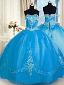 Edgy Baby Blue Strapless Lace Up Embroidery Vestidos de Quinceanera Sleeveless