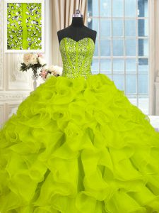 Traditional Yellow Green Sweetheart Lace Up Beading and Ruffles Quinceanera Gown Brush Train Sleeveless