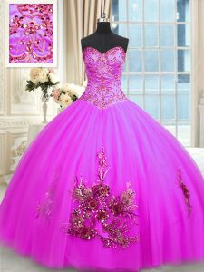 Floor Length Lace Up Sweet 16 Quinceanera Dress Fuchsia for Military Ball and Sweet 16 and Quinceanera with Beading and 