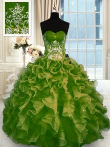 Olive Green Sweetheart Lace Up Beading and Ruffles 15 Quinceanera Dress Sleeveless