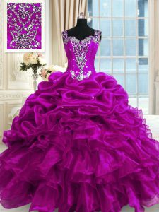 Superior Fuchsia Straps Lace Up Beading and Ruffles and Pick Ups Quinceanera Dress Sleeveless