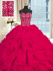 Fine Red Ball Gowns Organza Sweetheart Sleeveless Beading and Ruffles Lace Up Quince Ball Gowns Brush Train