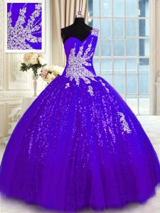 Ball Gowns Quinceanera Dresses Purple One Shoulder Tulle and Sequined Sleeveless Floor Length Lace Up