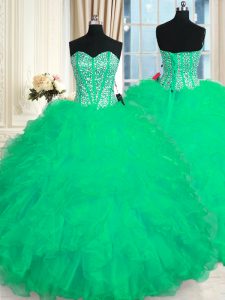 Sweetheart Sleeveless Sweet 16 Dresses Floor Length Beading and Ruffles Turquoise Organza