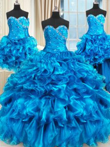 Fitting Four Piece Sweetheart Sleeveless Organza 15 Quinceanera Dress Beading and Ruffles and Ruching Lace Up