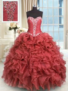 Rust Red Sleeveless Organza Lace Up Quinceanera Gown for Military Ball and Sweet 16 and Quinceanera