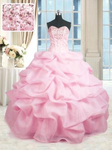 Pink Sweetheart Neckline Beading and Ruffles Quinceanera Dress Sleeveless Lace Up