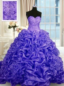 Purple Organza Lace Up Sweetheart Sleeveless Ball Gown Prom Dress Sweep Train Beading and Pick Ups
