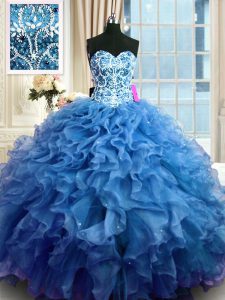 Sleeveless Organza Floor Length Lace Up Quinceanera Gowns in Blue with Beading and Ruffles