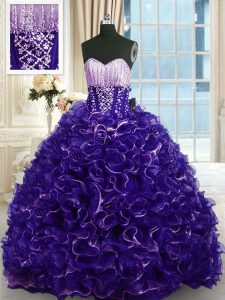 Vintage Purple Sweetheart Lace Up Beading and Ruffles Ball Gown Prom Dress Brush Train Sleeveless