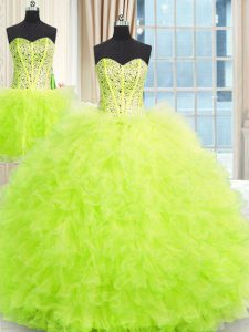 Affordable Three Piece Ball Gowns Tulle Strapless Sleeveless Beading and Ruffles Floor Length Lace Up Ball Gown Prom Dre