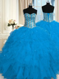 Custom Fit Blue Sweetheart Neckline Beading and Ruffles Quinceanera Gown Sleeveless Lace Up