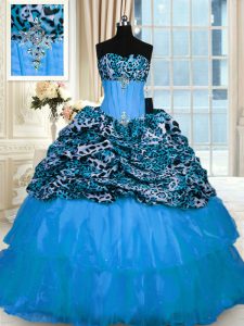 Glorious Printed Ruffled Ball Gowns Sleeveless Baby Blue Vestidos de Quinceanera Sweep Train Lace Up