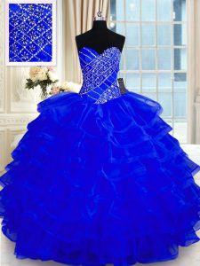 Ruffled Floor Length Royal Blue Quinceanera Dress Sweetheart Sleeveless Lace Up