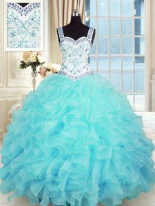 Beading and Appliques and Ruffles Sweet 16 Dresses Aqua Blue Lace Up Sleeveless Floor Length