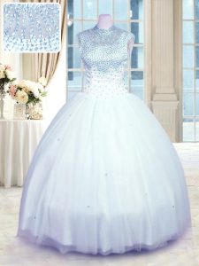 Pretty Floor Length Zipper Quince Ball Gowns Baby Blue for Military Ball and Sweet 16 and Quinceanera with Beading