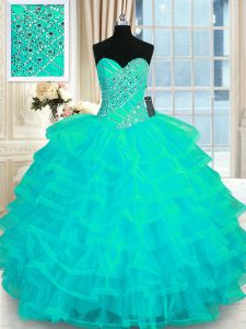 Glorious Turquoise Sweetheart Lace Up Beading and Ruffled Layers Vestidos de Quinceanera Sleeveless