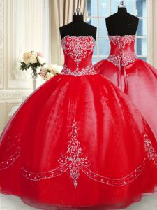 Hot Sale Strapless Sleeveless Sweet 16 Dresses Floor Length Beading and Embroidery Red Tulle