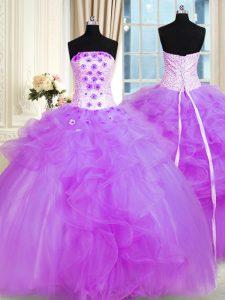 Custom Designed Purple Ball Gowns Tulle Strapless Sleeveless Pick Ups and Hand Made Flower Floor Length Lace Up Sweet 16