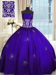 Sleeveless Floor Length Beading and Appliques and Ruching Lace Up 15 Quinceanera Dress with Purple