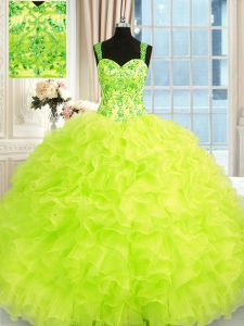 Yellow Green Lace Up Straps Beading and Embroidery and Ruffles Quinceanera Dresses Organza Sleeveless