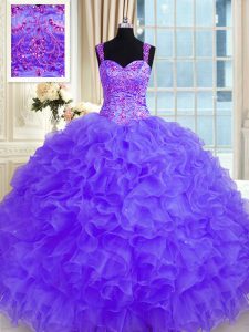 Customized Purple Long Sleeves Beading and Embroidery and Ruffles Floor Length Sweet 16 Quinceanera Dress