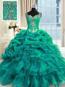 Glamorous Pick Ups Floor Length Turquoise Quinceanera Dress Straps Sleeveless Lace Up