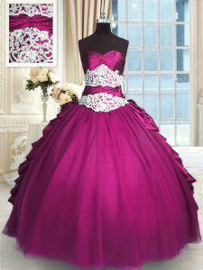 Floor Length Fuchsia Quinceanera Dresses Taffeta and Tulle Sleeveless Beading and Lace and Ruching and Pick Ups