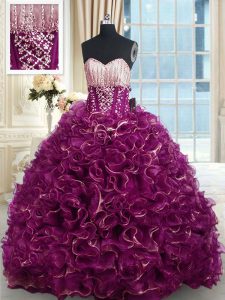 Sleeveless Organza With Brush Train Lace Up Sweet 16 Dresses in Fuchsia with Beading and Ruffles